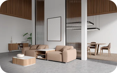 Stijlvolle lounge en eetkamer met warme verlichting, moderne zitplaatsen en een uitgebalanceerd ontwerp dat een elegante sociale ruimte creƫert.